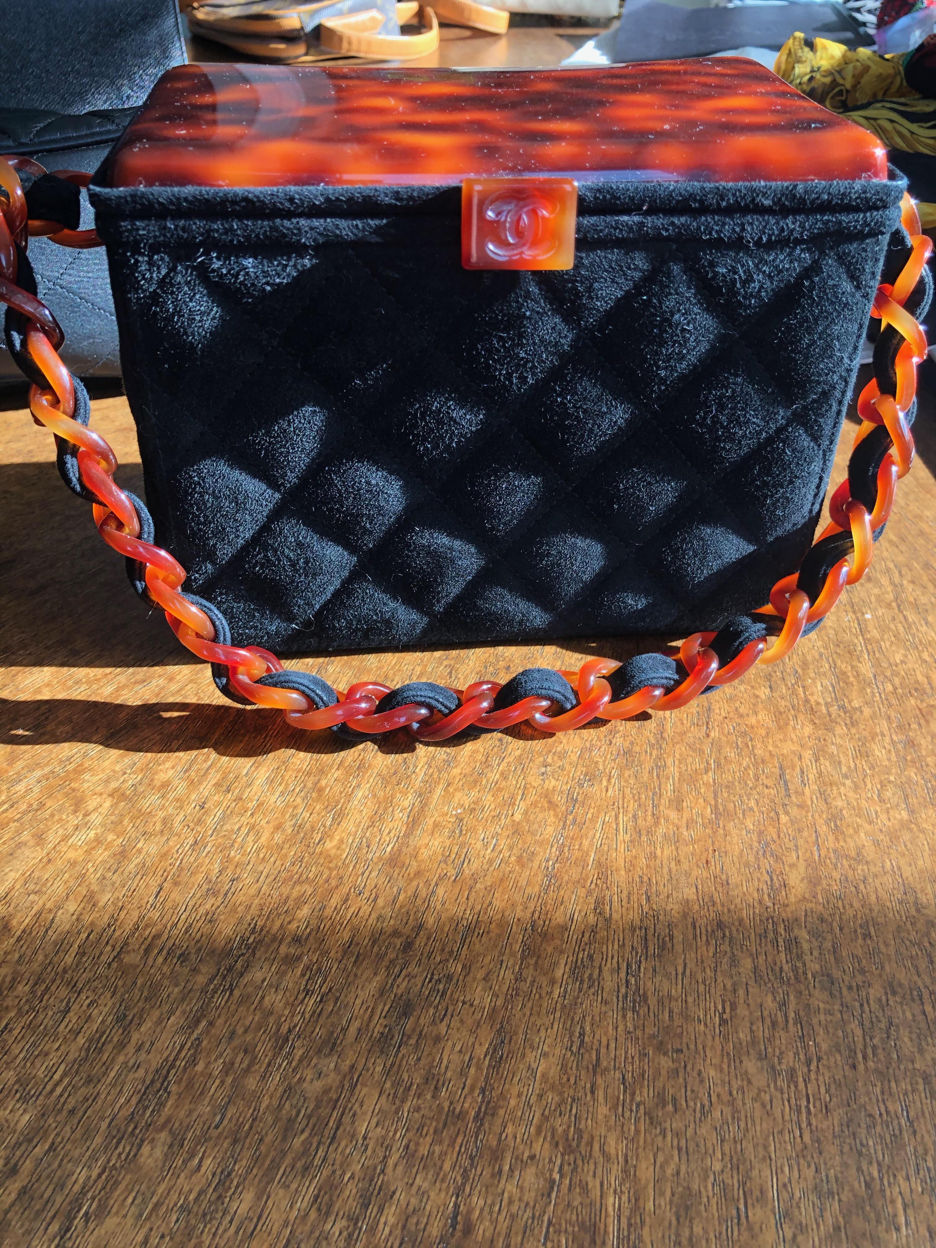 Black Chanel Rare Quilted Sueded Box Bag with Faux Tortoise Top and Chain For Sale