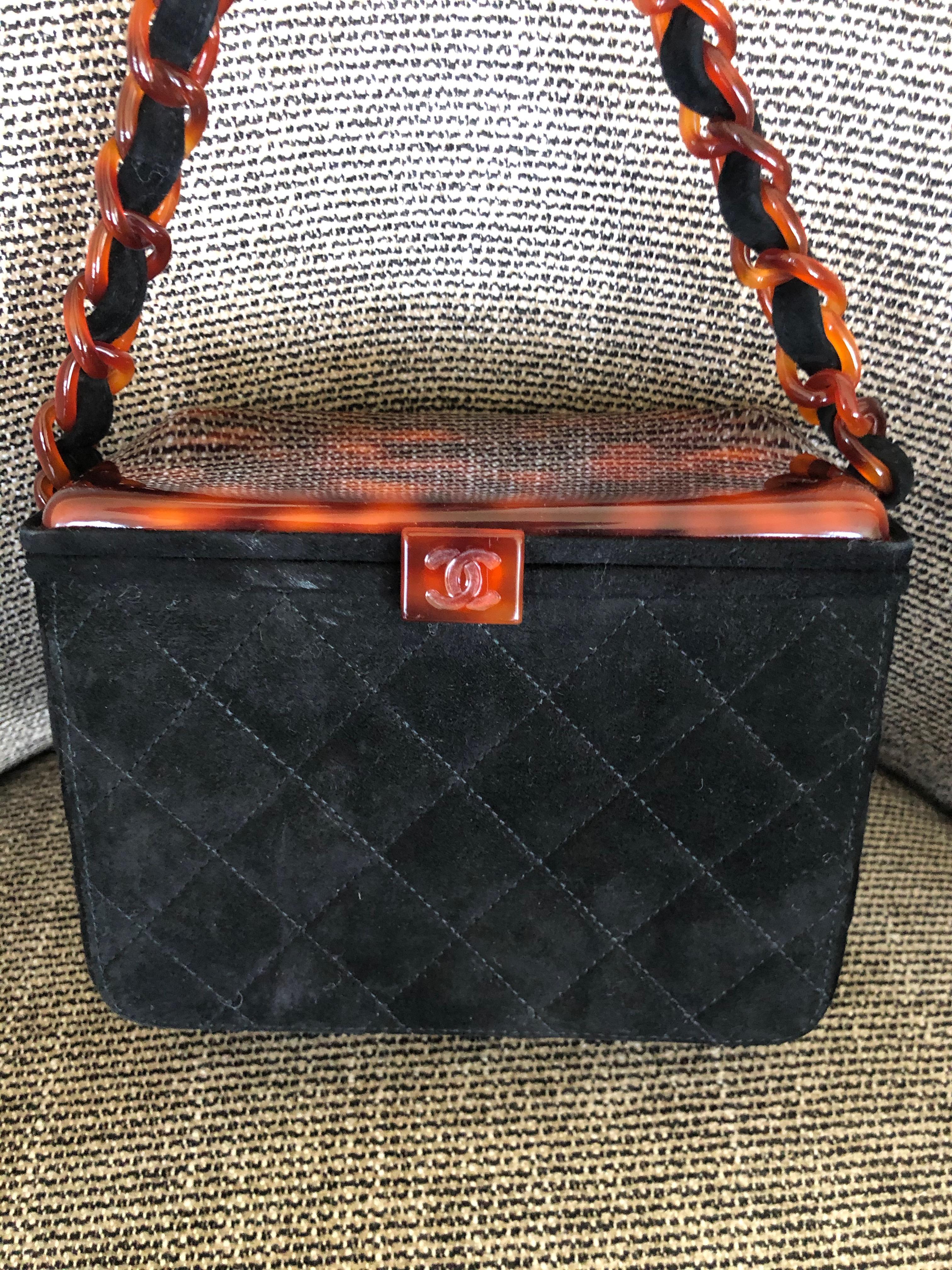 Women's or Men's Chanel Rare Quilted Sueded Box Bag with Faux Tortoise Top and Chain For Sale