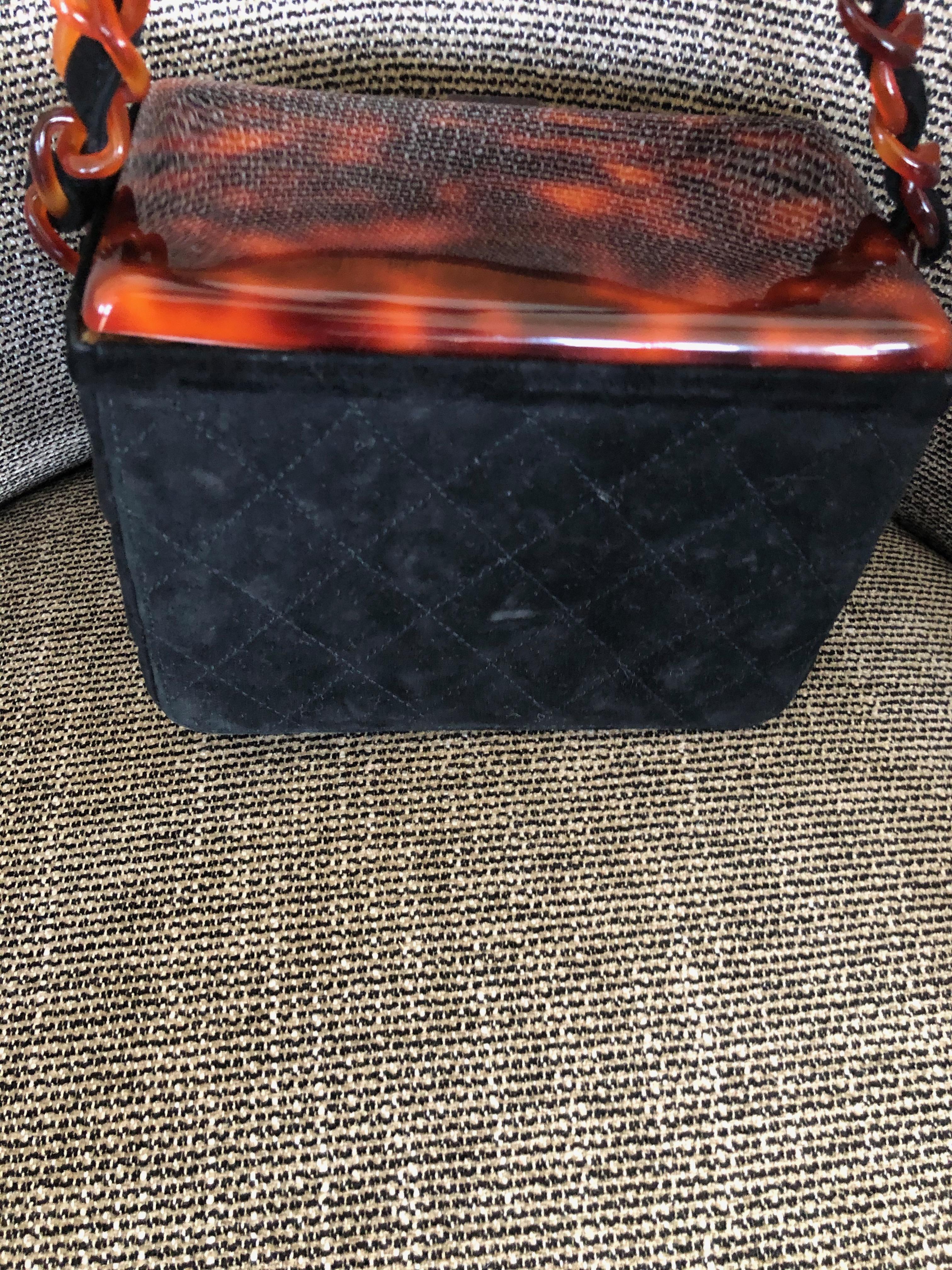 Chanel Rare Quilted Sueded Box Bag with Faux Tortoise Top and Chain For Sale 4