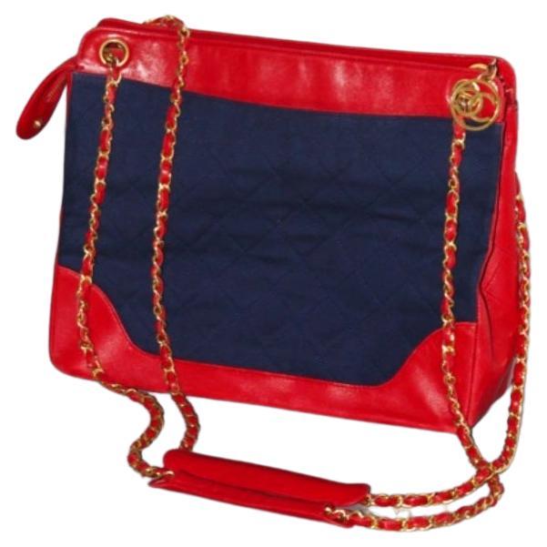 Rare Chanel Shoulder Bag in Red Leather and Denim Fabric