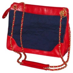 Chanel Rare Red Navy Denim Canvas Chain Tote Bag