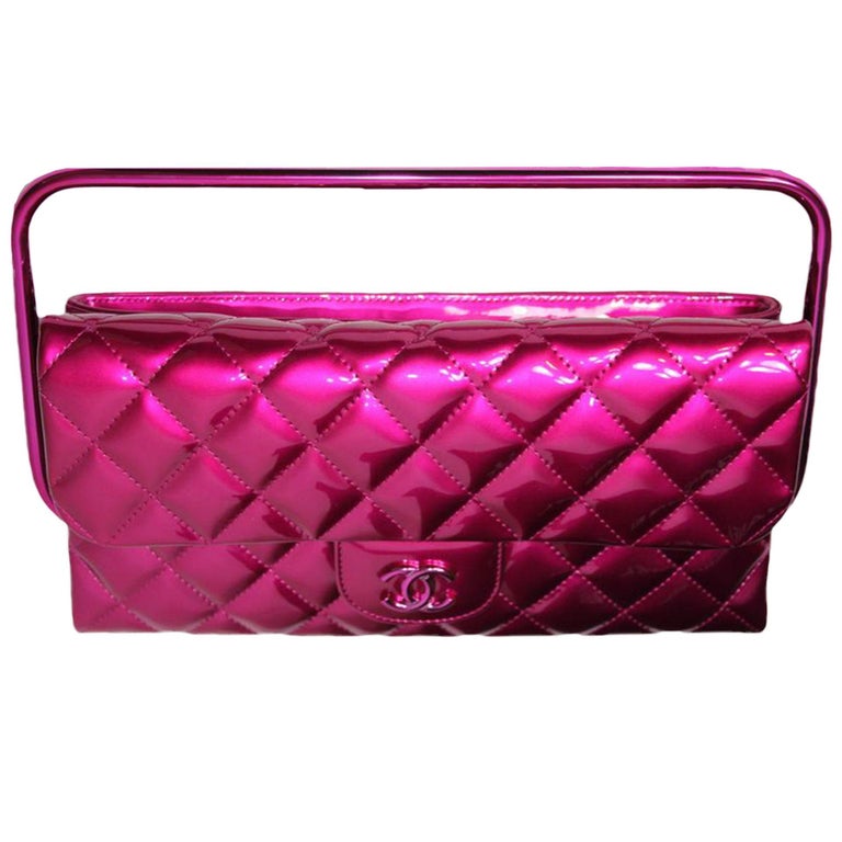 Chanel Rare Runway Quilted Classic Flap Bag Patent Hot Pink Fuschia Clutch For Sale at 1stdibs