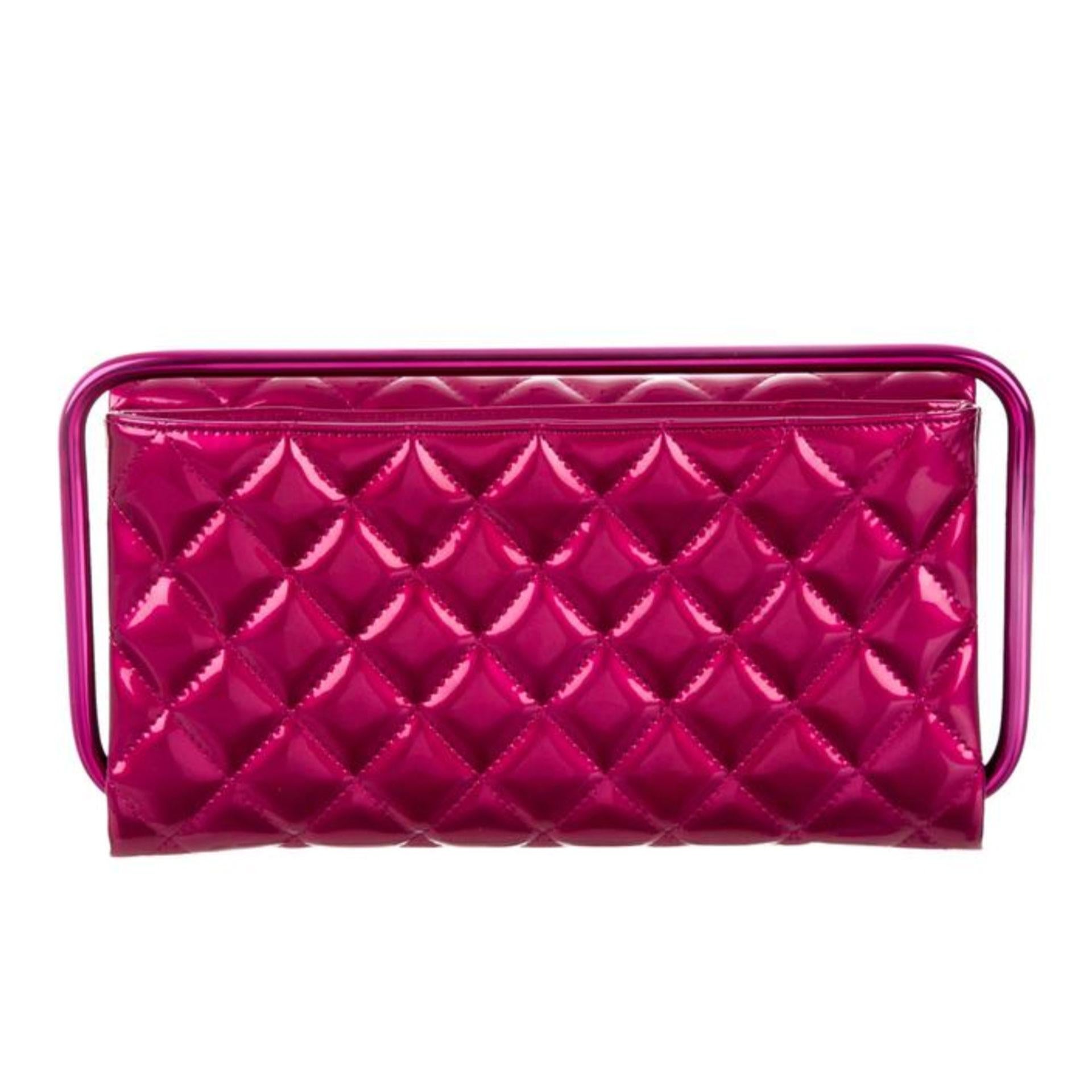 Chanel Rare Runway Quilted Classic Flap Bag Patent Hot Pink Fuschia Clutch  In Good Condition In Miami, FL