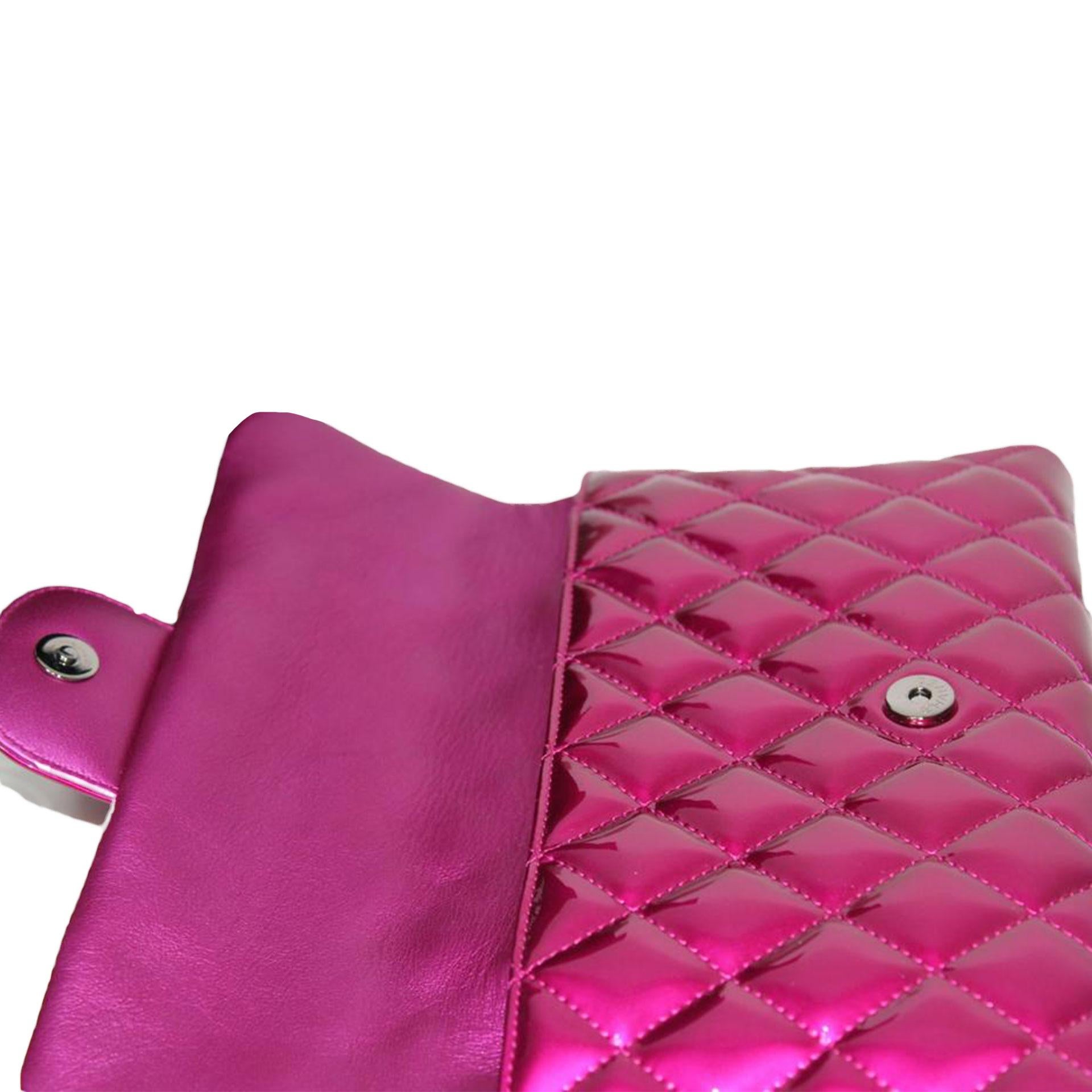 Chanel Rare Runway Quilted Classic Flap Bag Patent Hot Pink Fuschia Clutch  1