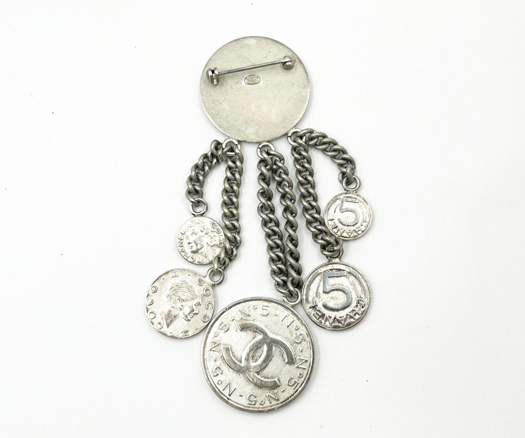 Rustic Rarity Silver Chanel Rare Rustic Silver CC COCO Coin Brooch For Sale at 1stDibs
