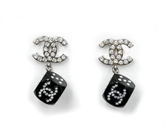 Chanel Rare Silver CC Crystal Black Dice Dangle Piercing Earrings