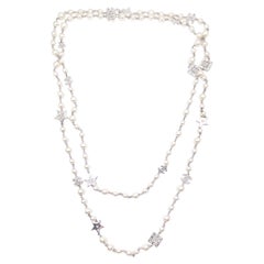 Chanel Rare Silver CC Star Crystal Faux Pearl Long Necklace