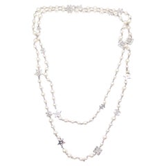 Chanel Rare Silver CC Star Crystal Faux Pearl Long Necklace