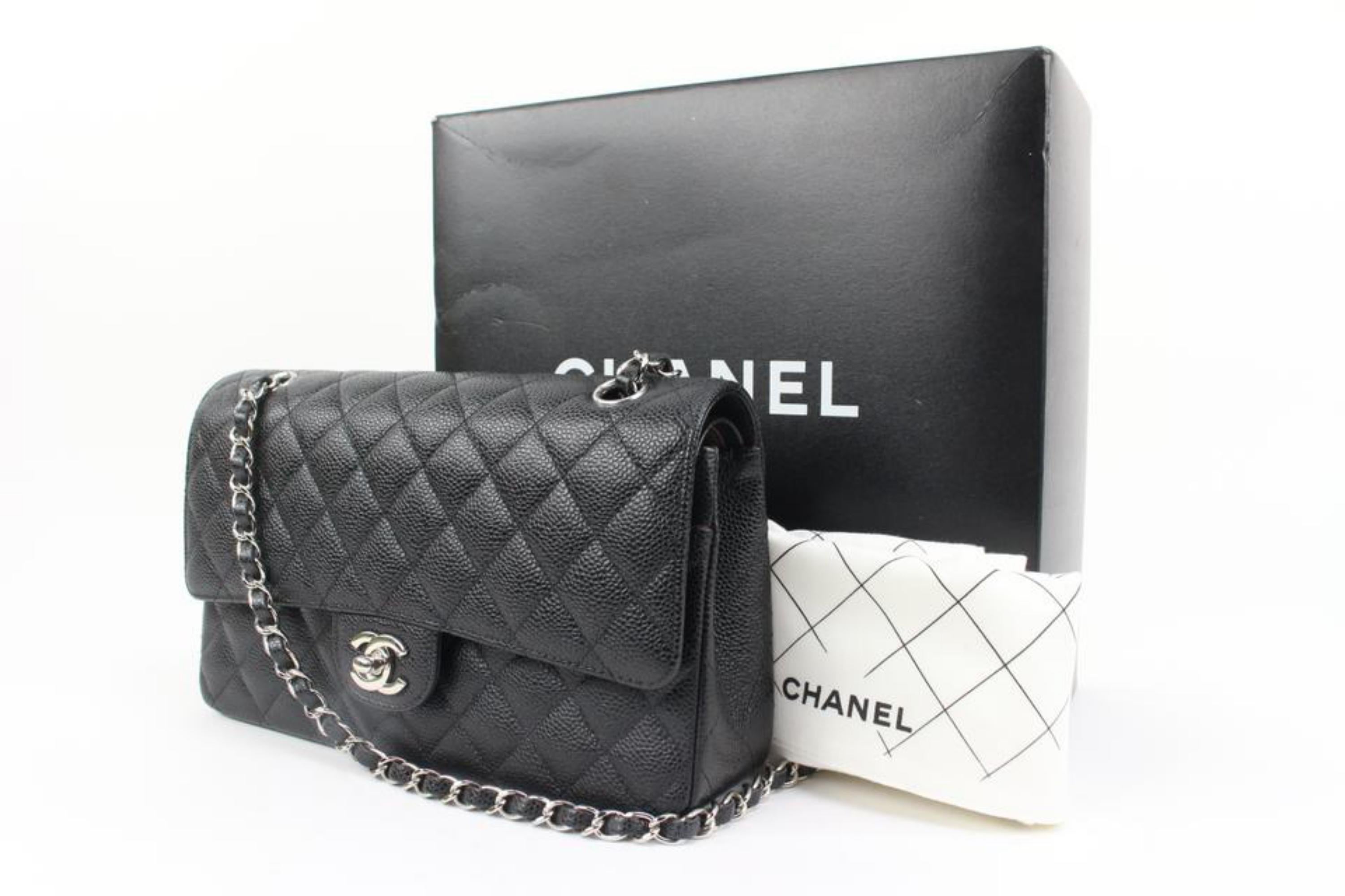 Chanel Rare Silver HW Black Quilted Caviar Medium Classic Double Flap 78ck33s
Date Code/Serial Number: 8826338
Made In: France
Measurements: Length:  10