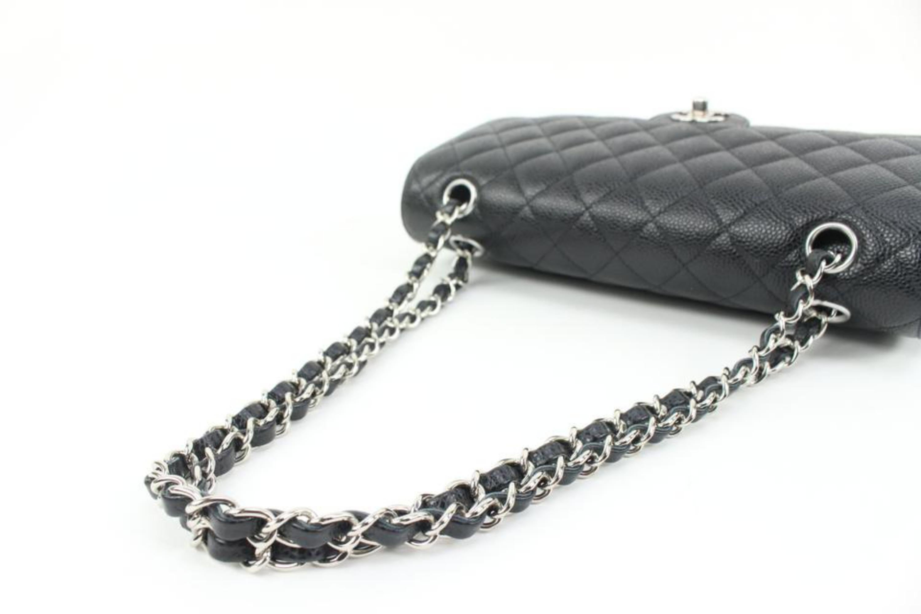 Chanel Rare Silver HW Black Quilted Caviar Medium Classic Double Flap 78ck33s For Sale 2