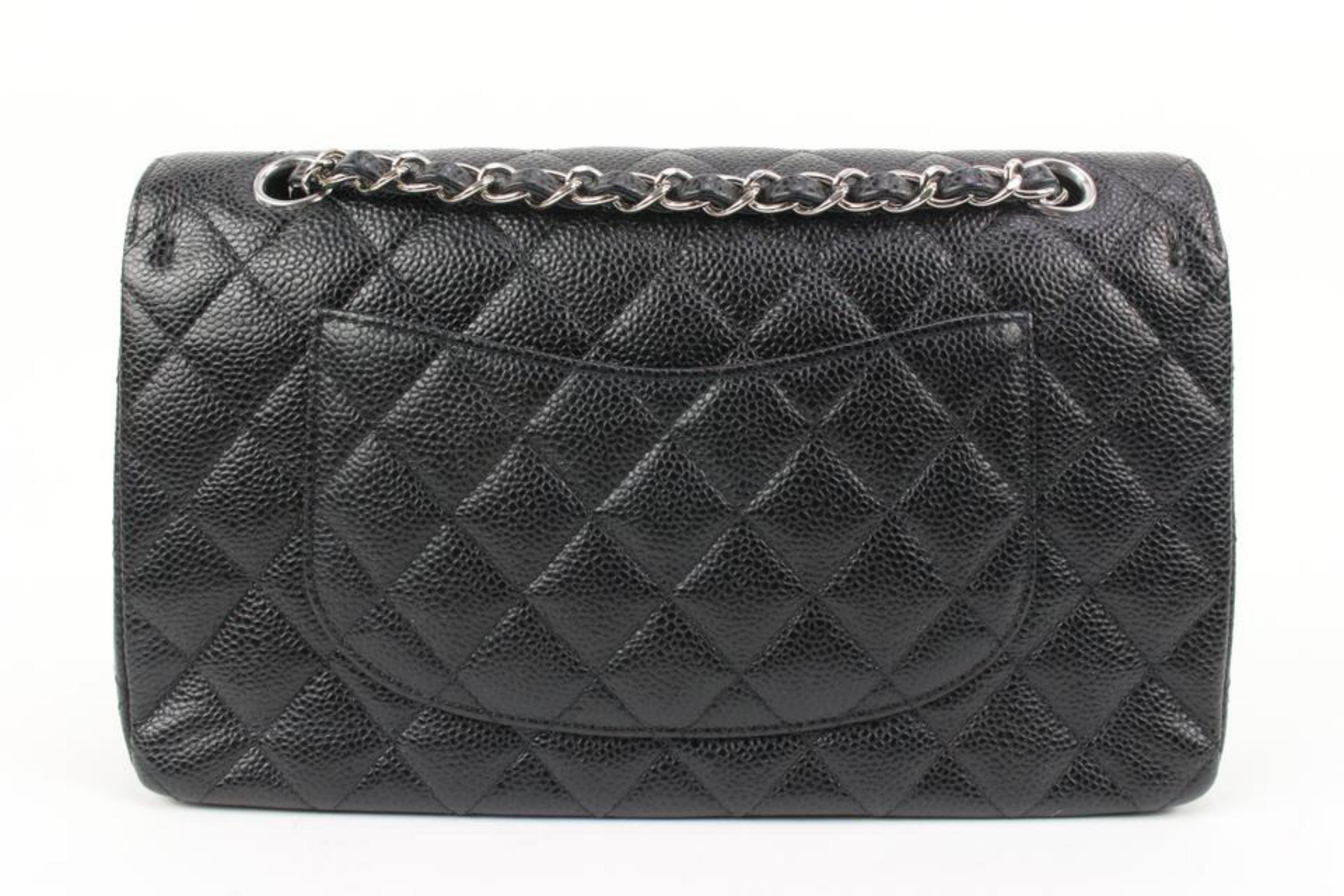 Chanel Rare Silver HW Black Quilted Caviar Medium Classic Double Flap 78ck33s For Sale 4
