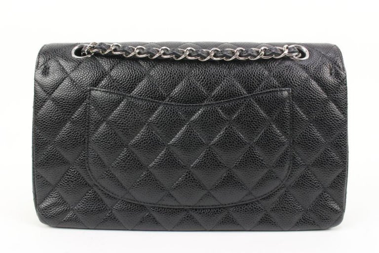 Chanel Rare Silver HW Black Quilted Caviar Medium Classic Double Flap  78ck33s For Sale at 1stDibs