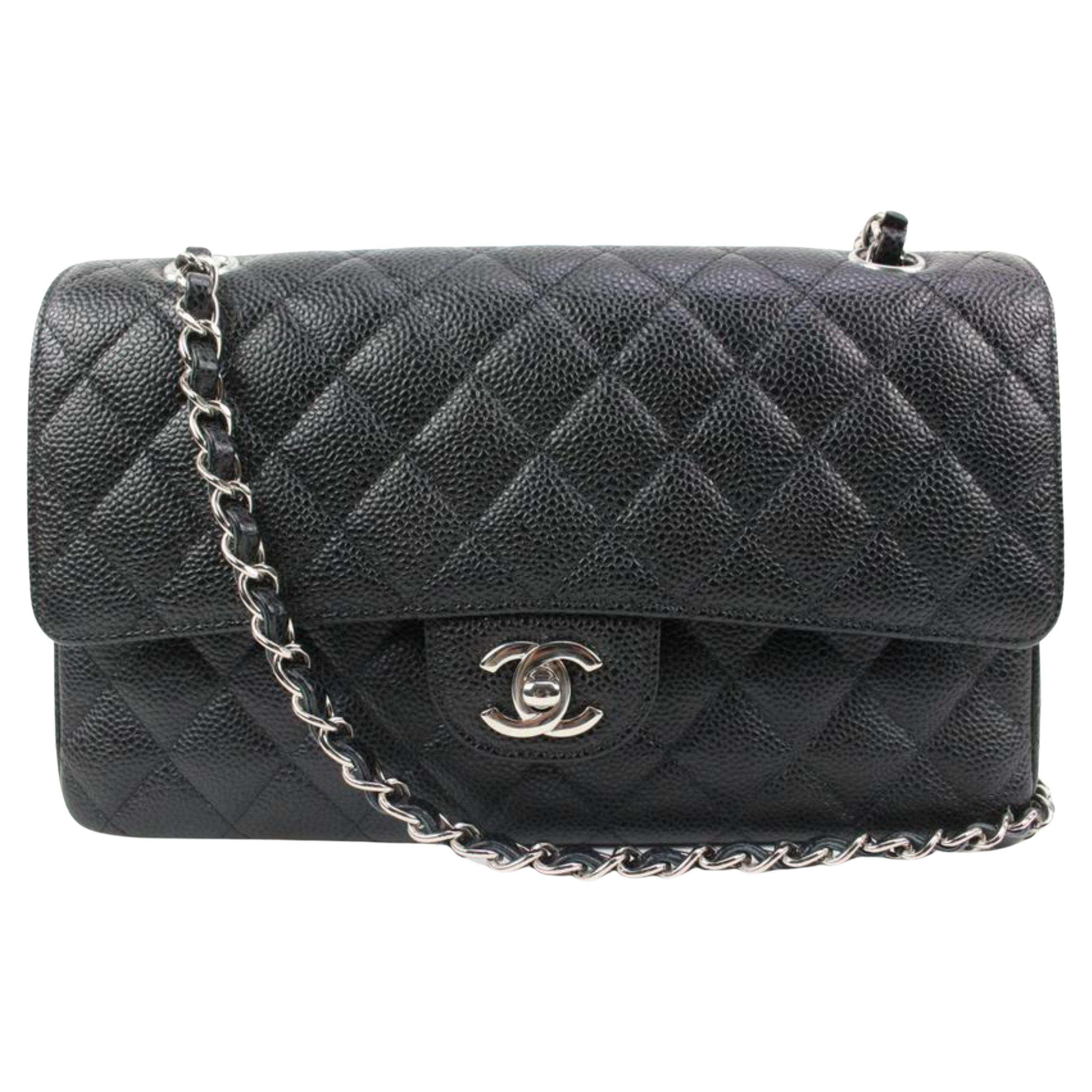 Chanel Rare Silver HW Black Quilted Caviar Medium Classic Double Flap 78ck33s For Sale