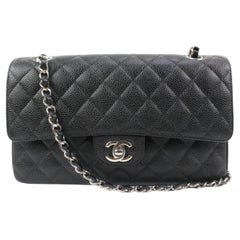 Chanel Rare Silver HW Black Quilted Caviar Medium Classic Double Flap 78ck33s