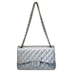 Chanel Rare Silver Lambskin Jumbo Double Flap Handbag