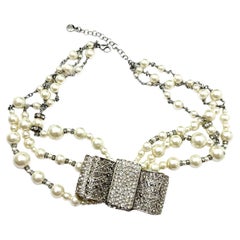 Chanel Seltene Silber Große Schleife Kristall-Halskette mit 3 Strängen Perle 
