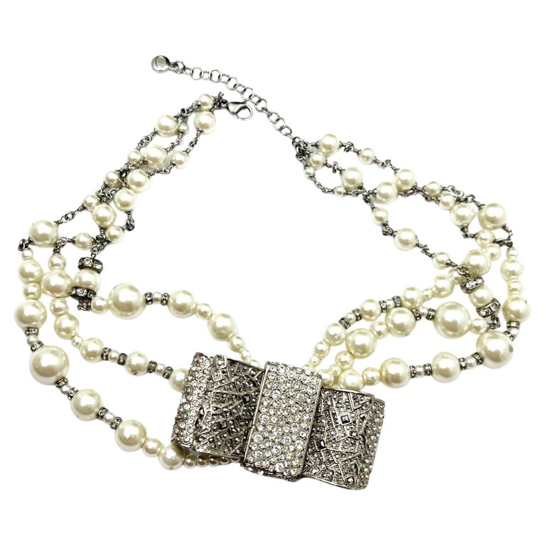Chanel Rare Silver Large Bow Crystal 3 Strand Pearl Necklace For Sale at 1stDibs