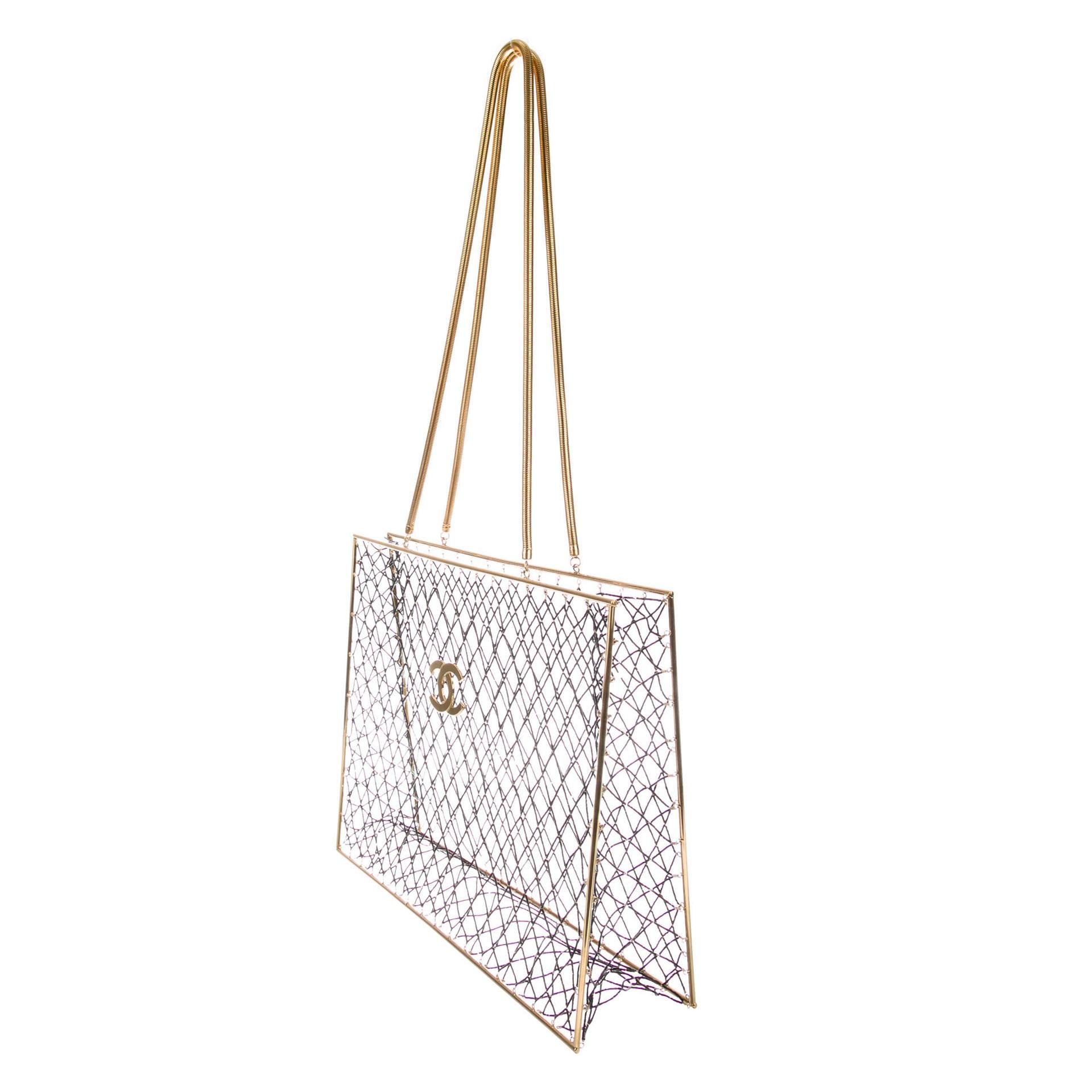 Women's or Men's Chanel Rare Spring 1997 Vintage Runway Gold Cage Large Shopping Tote Bag  For Sale