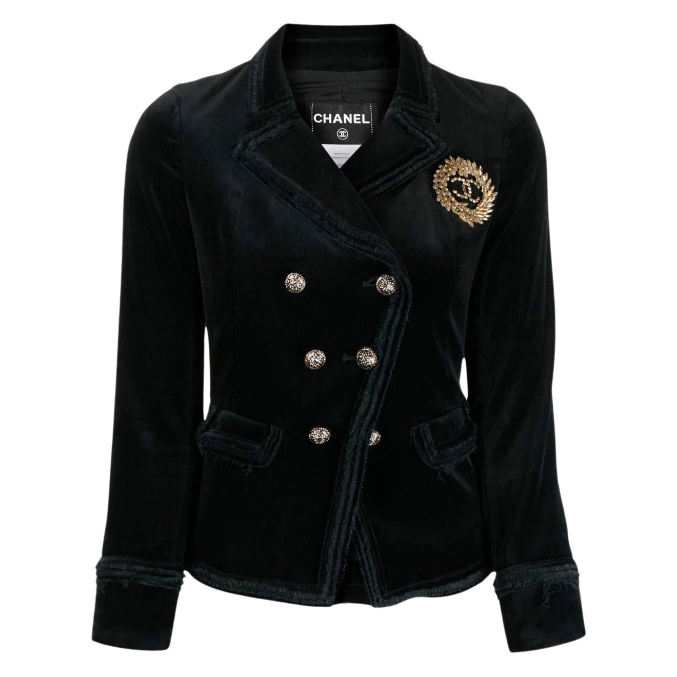 CHANEL Rare Supermodel Style CC Logo Black Velvet Jacket 36 FR For Sale