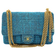 Chanel Rare Teal Blue Tweed Enamel CC Tassel Classic Flap Bag GHW 67581