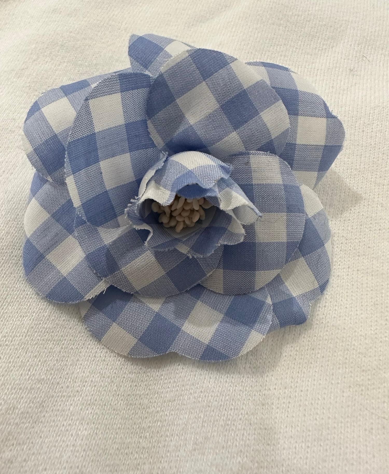 Chanel Rare to Find S/S 1995 Blue & White Gingham Camellia Flower Pin   In Good Condition In West Palm Beach, FL