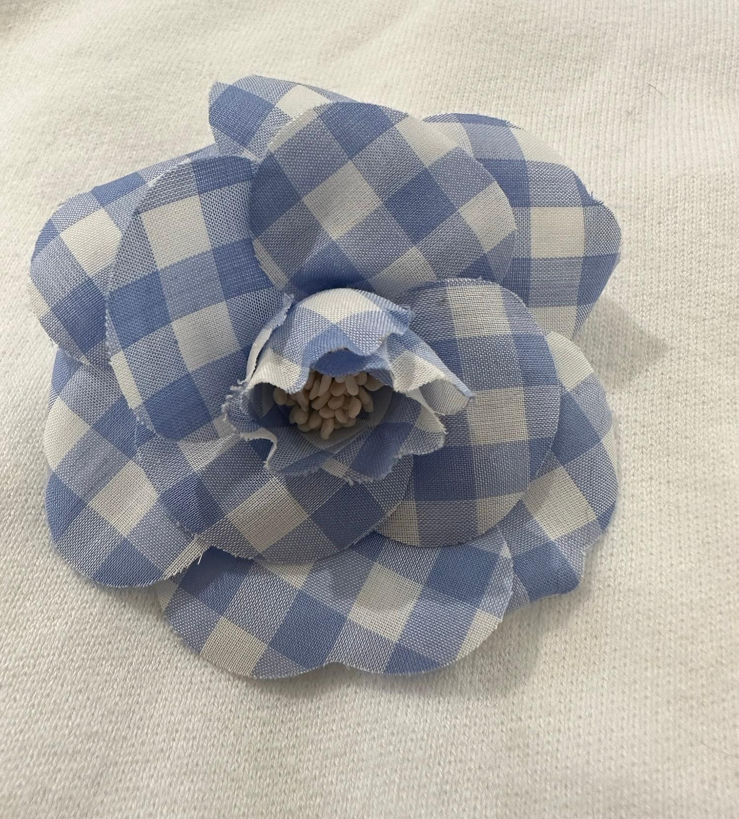 Chanel Rare to Find S/S 1995 Blue & White Gingham Camellia Flower Pin   1