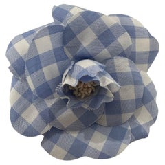 Chanel Rare to Find S/S 1995 Blue & White Gingham Camellia Flower Pin  