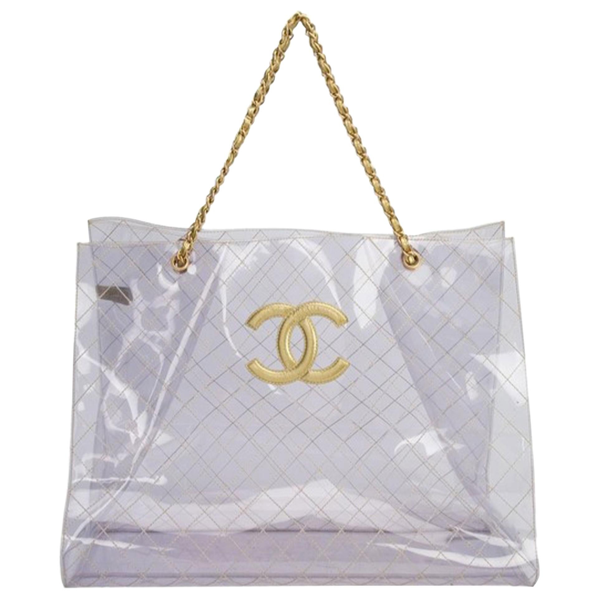 Chanel Rare Vintage 1990s Xxxl Oversized See Through Naked Gold Accent Pvc  Tote For Sale at 1stDibs