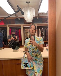 Chanel Rare Vintage 1997 Floral Turquoise Quilted Logo CC Classic Kelly Flap Bag