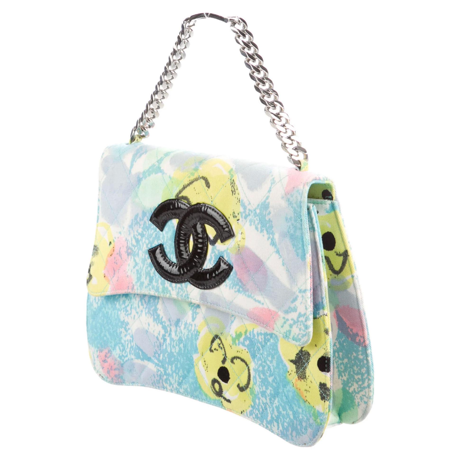 Chanel Rare Vintage 1997 Floral Turquoise Quilted Logo CC Classic Kelly Flap Bag In Good Condition For Sale In Miami, FL
