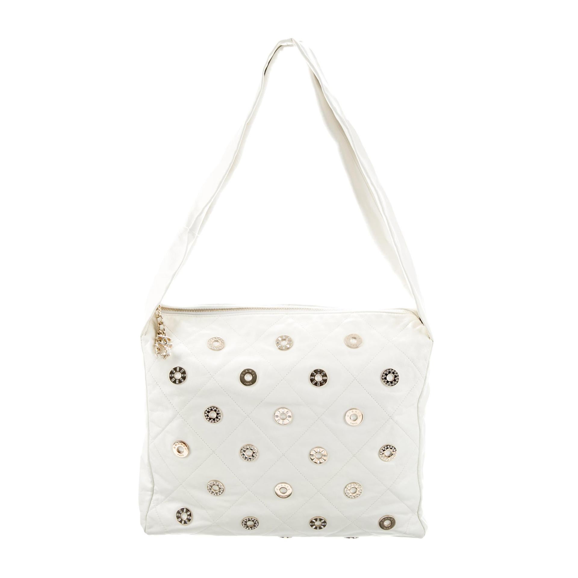 Women's or Men's Chanel Rare Vintage 22 White Quilted Swarovski CharmShoulder Hobo Tote Bag For Sale