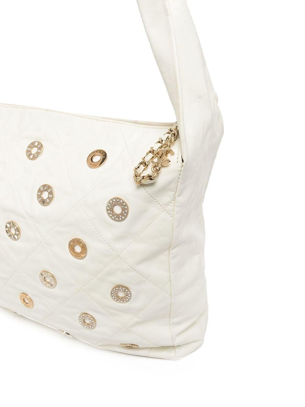 Chanel Rare Vintage 22 White Quilted Swarovski CharmShoulder Hobo Tote Bag For Sale 3
