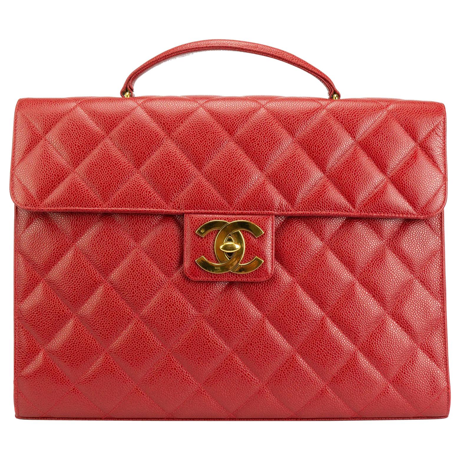 Chanel Rare Vintage 90s Red Caviar Executive Briefcase Laptop Flap Bag
