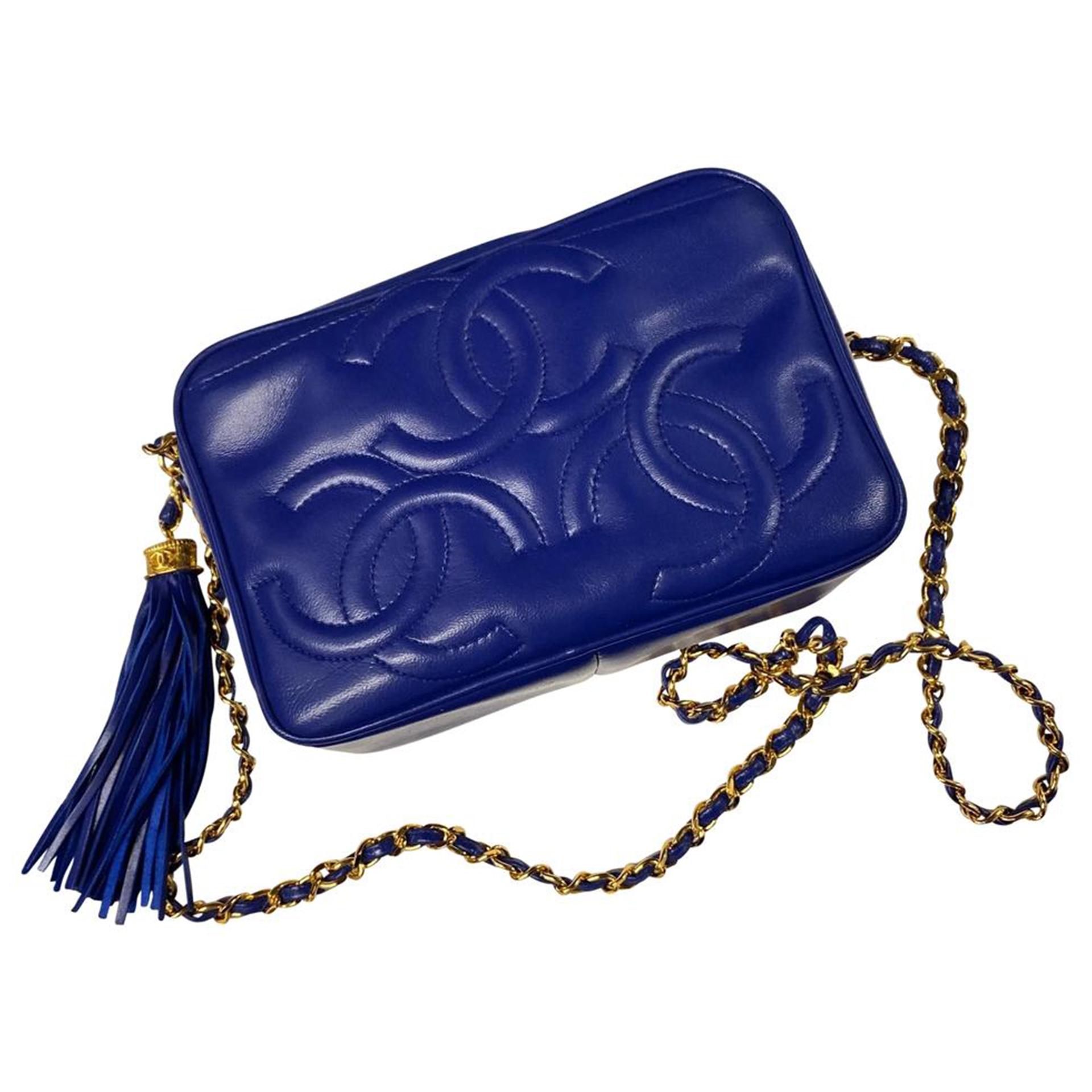 Chanel Rare Vintage 90s Royal Blue Lambskin Triple CC Mini Tassel Bag For Sale 1