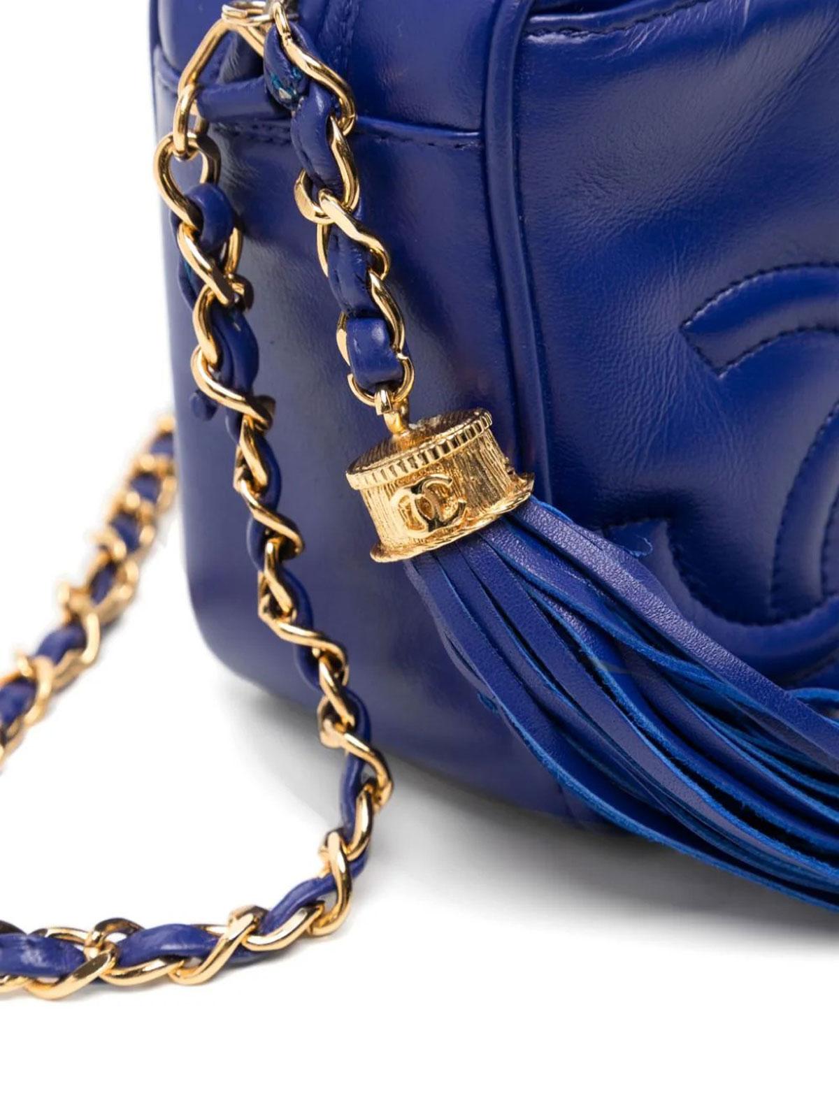 Chanel Rare Vintage 90s Royal Blue Lambskin Triple CC Mini Tassel Bag For Sale 2