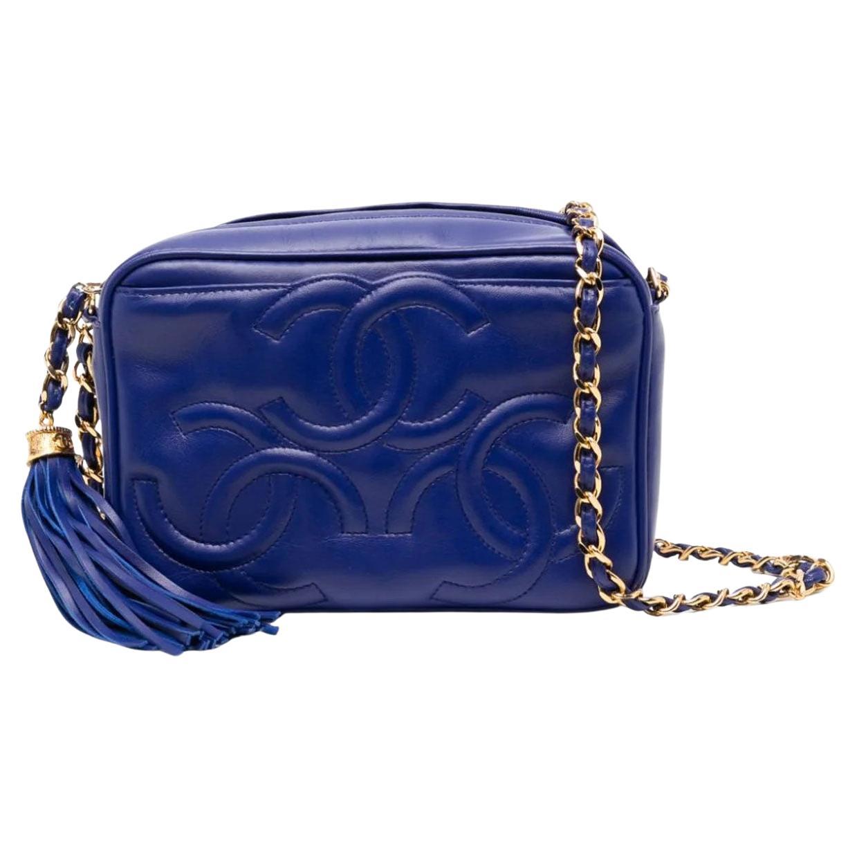 Chanel Seltene Vintage 90er Königsblaue CC Mini-Tasche aus Lammfell mit Quaste aus dreifacher Quaste