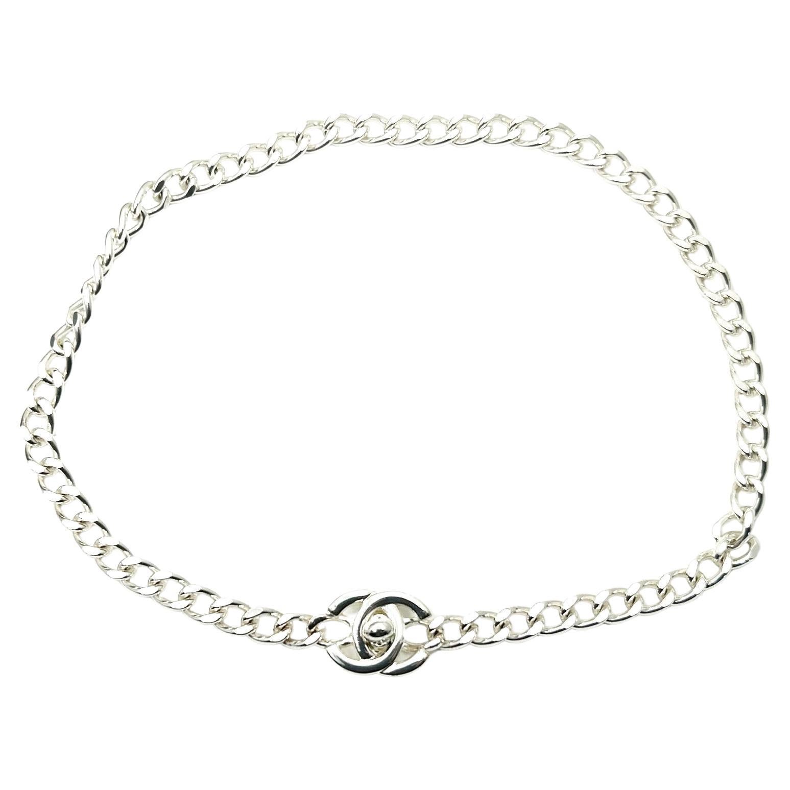 Chanel Rare Vintage 96 Silver CC Small Turnlock Chain Necklace  For Sale