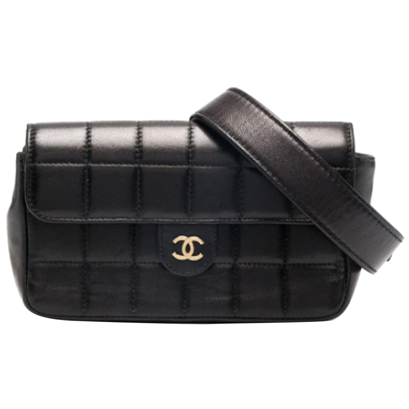 Chanel Rare Vintage Black Lambskin Waist Belt Bag Fanny Pack For