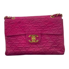Chanel RARE Vintage Classic Maxi 34 Flap Hot Pink Denim Giant CC 24 Gold HW