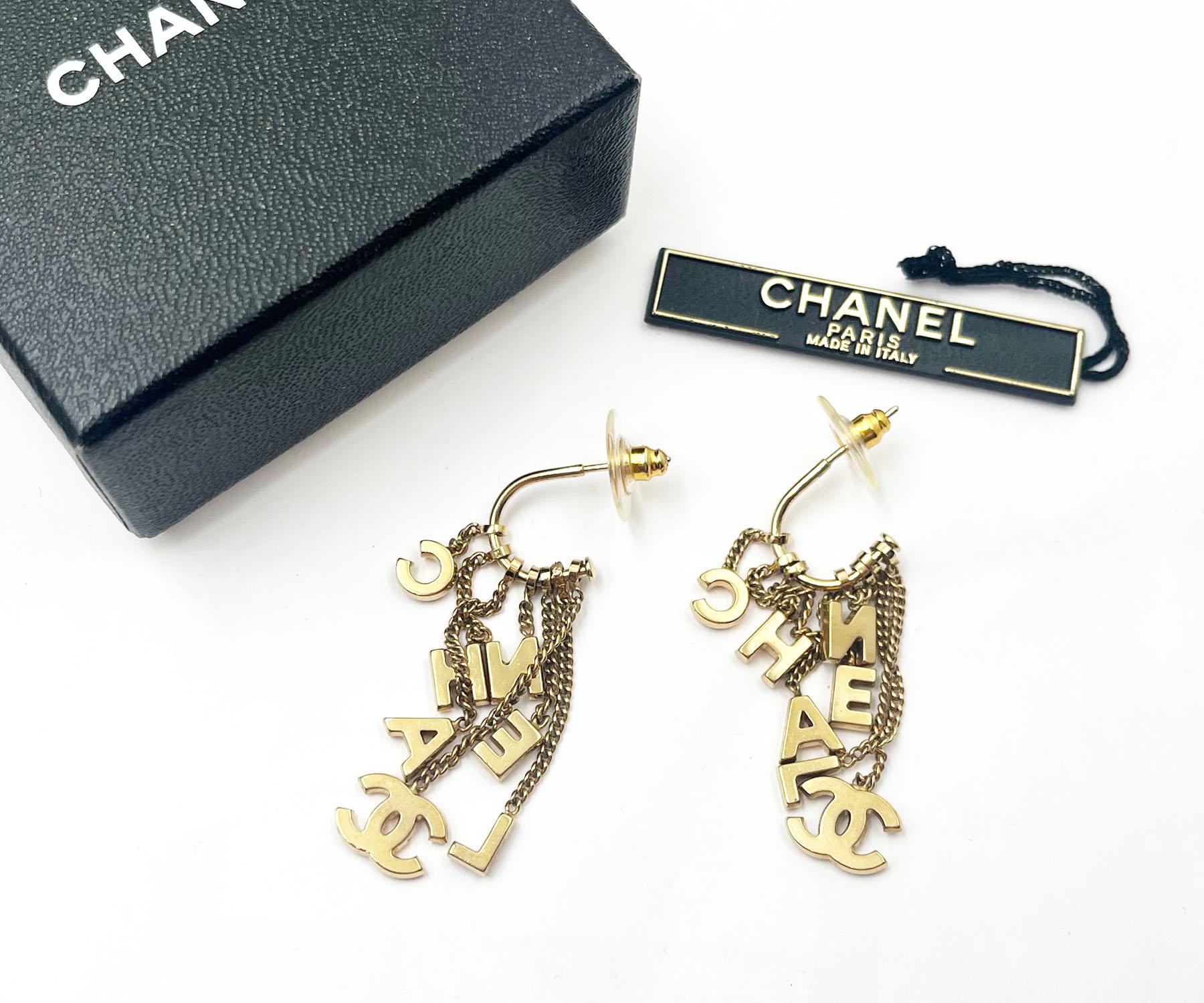 Artisan Chanel Rare Vintage Gold CC Letter Dangle Hoop Earrings   For Sale