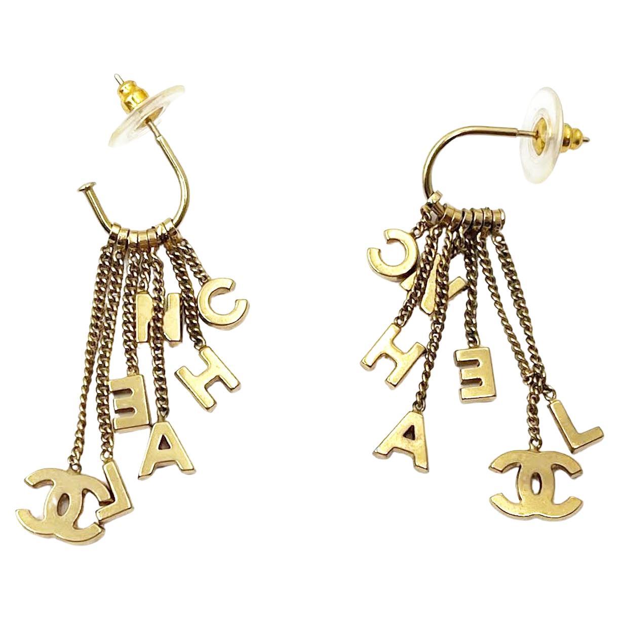 Chanel Rare Vintage Gold CC Letter Dangle Hoop Earrings   For Sale
