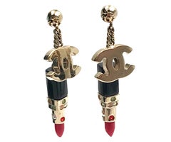 Chanel Rare Vintage Gold CC Lipstick Crystal Dangle Piercing Earrings