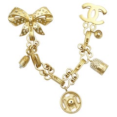 Chanel Rare Vintage Gold CC Ribbon Pearl Thimble Brooch Pin