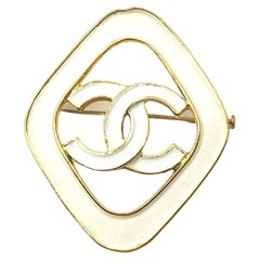 Chanel Rare Retro Gold Plated Argyle White CC Brooch