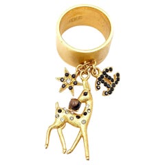 Chanel Rare Vintage Gold Plated Black CC Bambi Deer Ring