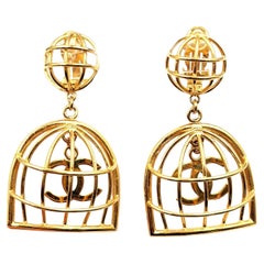 Chanel Rare Vintage Gold Plated CC Bird Cage Clip on Earrings