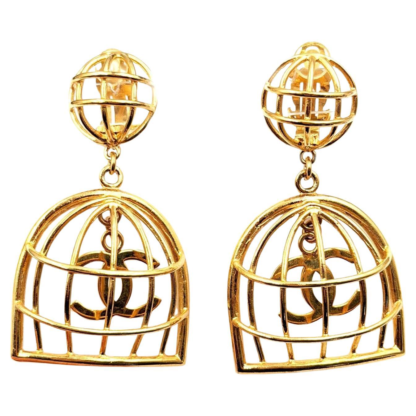 Chanel Rare Vintage Gold Plated CC Bird Cage Clip on Earrings For Sale