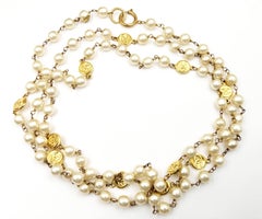 Chanel Rare Vintage Gold Plated CC Coin Super Long Pearl Necklace