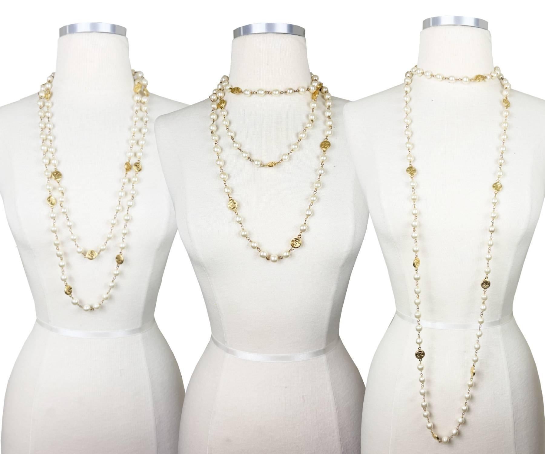 Chanel Rare Vintage Gold Plated CC Coin Super Long Pearl Necklace In Good Condition For Sale In Pasadena, CA