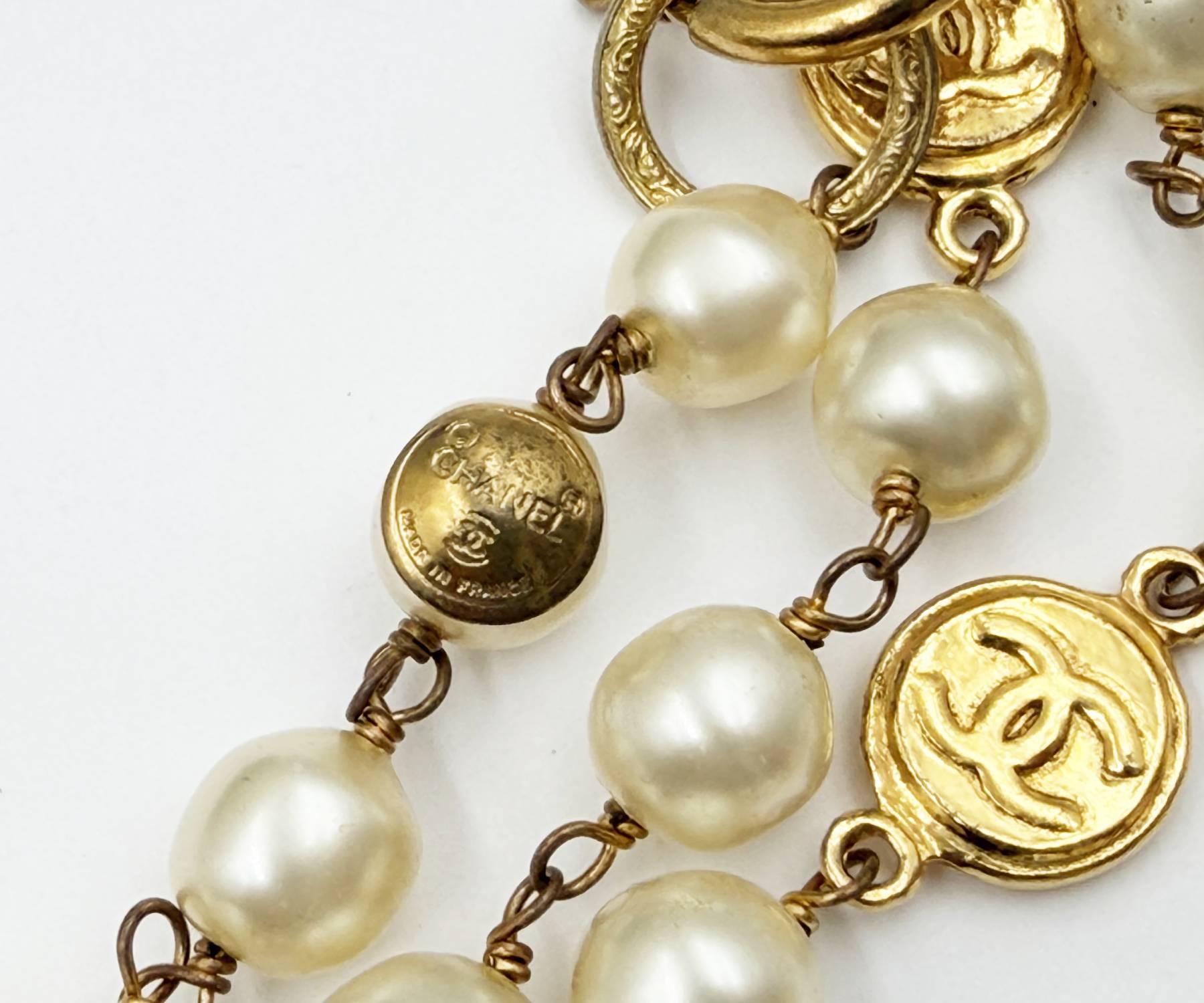 Chanel Rare Vintage Gold Plated CC Coin Super Long Pearl Necklace For Sale 1